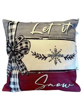 Pillow Cover 17x17 Let It Snow Plaid Bow Snowflake Red Gray Winter Farmhouse Dec